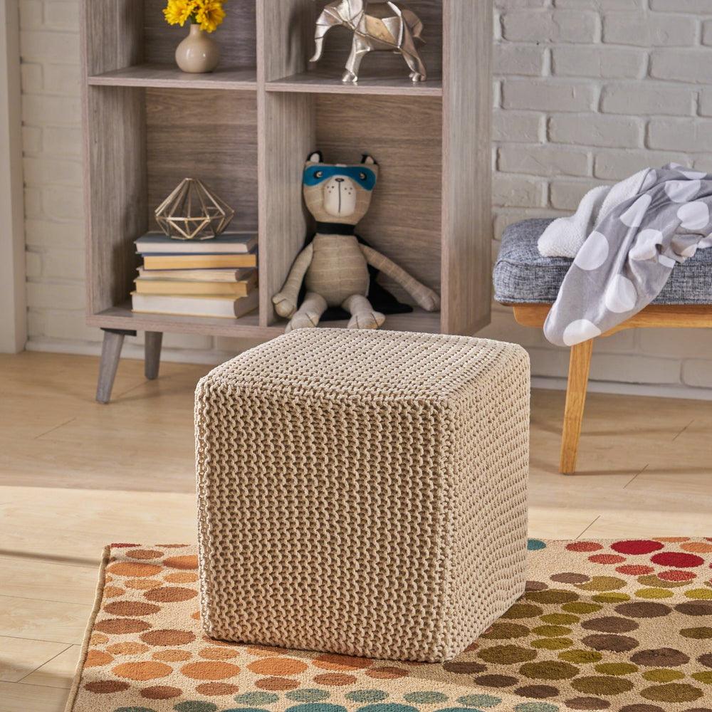 English Elm Christopher Knight Home® - KNITTED Foot Stool with Handcrafted Cotton Cover, Compact 17" Cube, Sturdy Versatile Accent Seat Beige 62665.00BGE