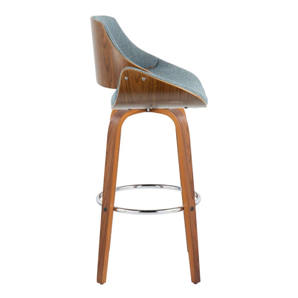 English Elm 30" Mid-century Swivel Barstools Walnut Bentwood Frame Blue Upholstered Seat Set of 2 B202S00563