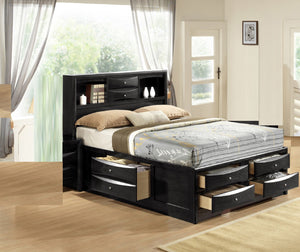 English Elm 1Pc Contemporary Queen Platform Bed With Bookcase Headboard & Under-Bed Storage, Black Wood Finish B011S01463