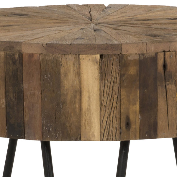 English Elm Handcrafted Rustic Wood Round End Table with Reclaimed Pie‑Slice Top and Black Hairpin Legs, 22" B2741P285769