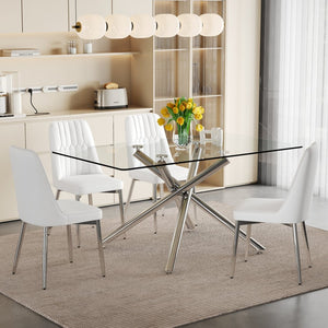 English Elm Table Set - Modern Luxurious Transparent Glass Dining Table With 4 White Pu Chairs & Silver Legs W1151S04192-GIGA