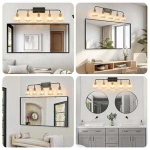 English Elm 40" Modern 6-Light LED Vanity Light — Sleek Iron & Acrylic Bathroom Wall Fixture, Dimmable, 36W Black+Gold W2312P374982