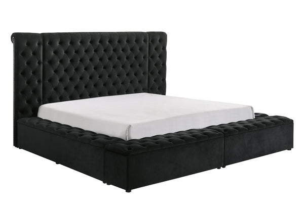 English Elm Luxurious Round Queen Bed with Velvet Tufted Headboard, Studded Accents and Hidden Storage Space Black 40.5 L x 72 W x 9 H B011S01649