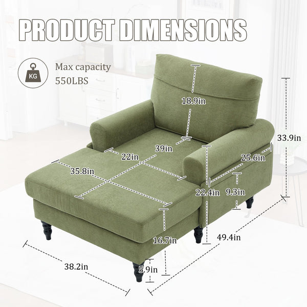 English Elm Modern Chenille Recliner Chaise Lounge Sofa Chair with High-Resilience Foam, Wide Seat, 550lb Capacity Olive Green W395P371338