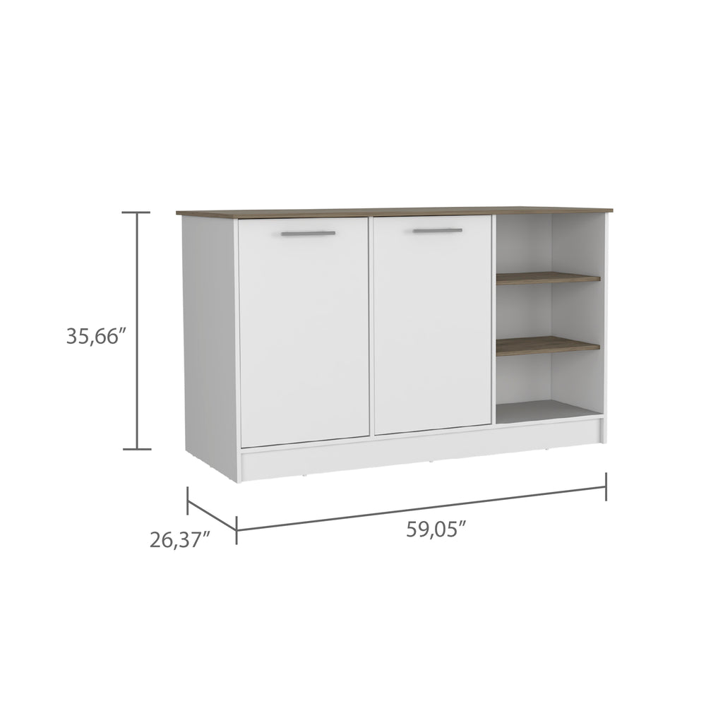 English Elm Kitchen Island With Two Cabinets & Three Open Shelves - Stylish White & Dark Brown Storage Solution B097S00130