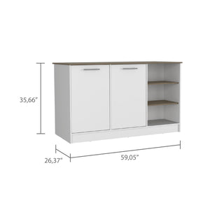 English Elm Kitchen Island With Two Cabinets & Three Open Shelves - Stylish White & Dark Brown Storage Solution B097S00130