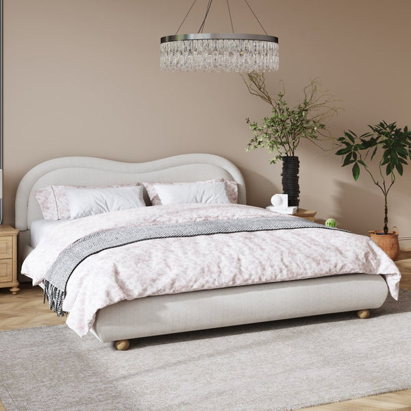 English Elm Queen Chenille Upholstered Bed Curved Headboard Oak Legs Wooden Slat Platform Frame W1716P387791