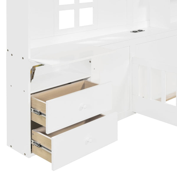 English Elm Twin House Bed Frame with Drawers Shelves and Usb Charging for Kids Bedroom LT000422AAK-1