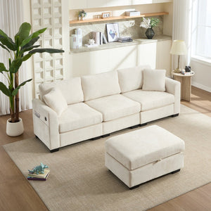 English Elm Modern Chenille L-shaped Sectional with Usb Charging Ottoman Storage Living Room Couch Beige W2120S00016