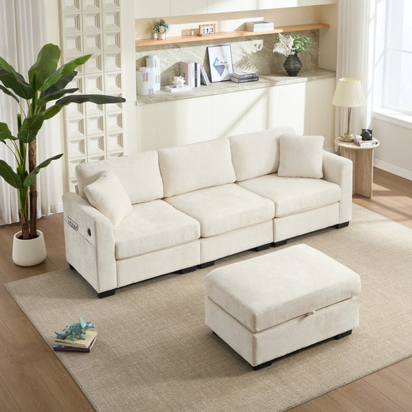 English Elm Modern Chenille L-shaped Sectional with Usb Charging Ottoman Storage Living Room Couch Beige W2120S00016