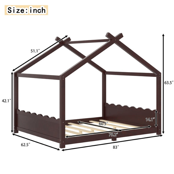 English Elm Queen House Frame Floor Bed Solid Pine Montessori Low Profile Kids Bedroom Espresso W1580P387850