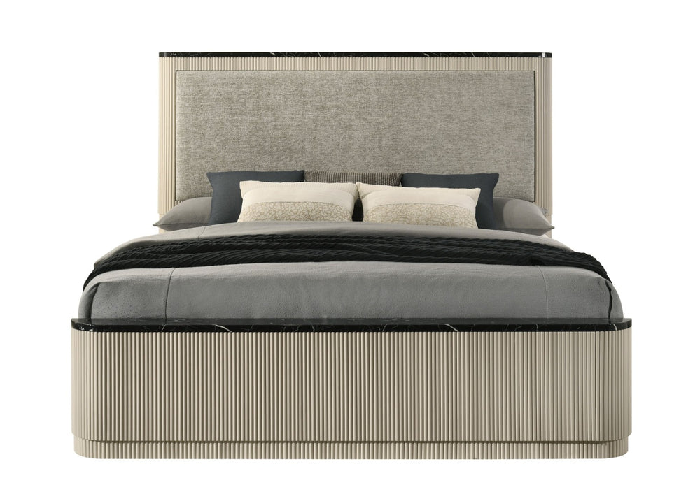 English Elm Travonte Upholstered Eastern King Bed Linen Padded Headboard Marble Panel Detail B2756S00005