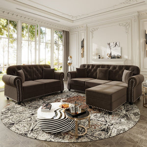 English Elm Upholstered Velvet Chesterfield Sofa with Button Tufting Nailhead Trim and Ottoman Brown W1885S00395