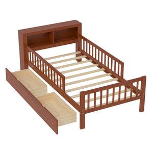English Elm Twin Bed With Walnut Finish, Headboard Storage, Two Under-Bed Drawers & Safety Guardrails For Kids N733P272374D-GIGA