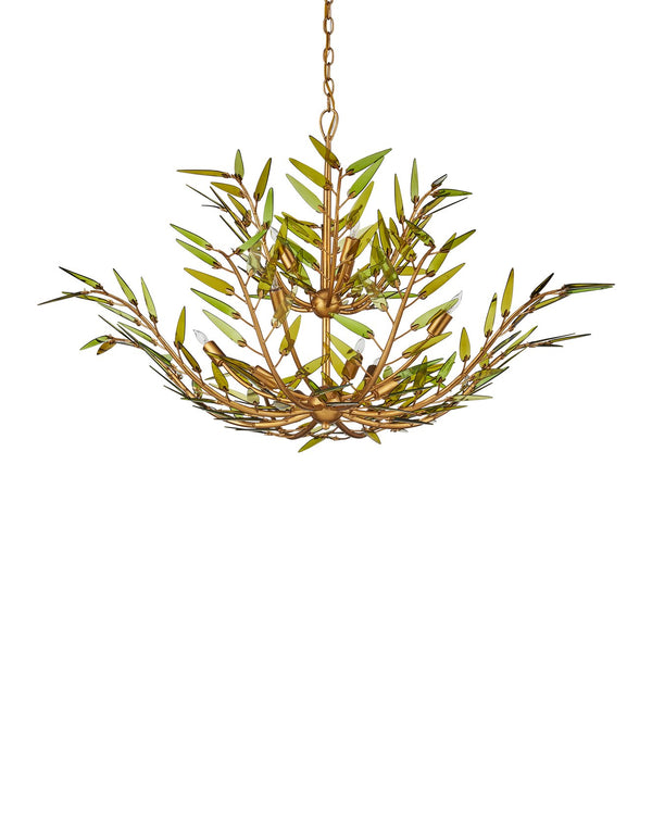 Currey & Company Babylon Chandelier - Elegant Bowl Design With Recycled Glass Leaves In Contemporary Gold Finish Green Recycled Bottle Glass ,Wrought Iron 9000-1310-currey-company