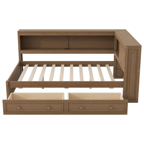 English Elm Full Pine Platform Daybed with Led Lighting Usb Charging Headboard Shelf and Drawers Wood N7090004032D