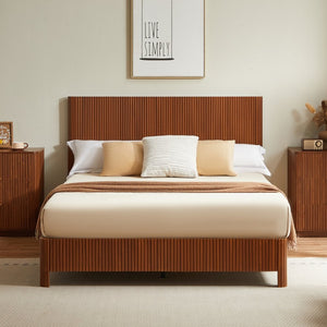 English Elm Queen Walnut Platform Bed Sculptural Corrugated Headboard No Box Spring Required W1820P414053