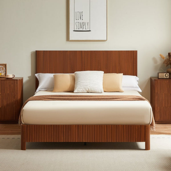 English Elm Queen Walnut Platform Bed Sculptural Corrugated Headboard No Box Spring Required W1820P414053