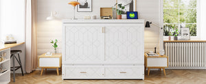 English Elm Queen Murphy Wall Bed Cabinet with Storage Drawer Built-in Power Outlets Usb Ports White LP000400AAK-1