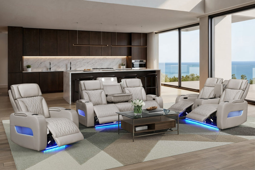 English Elm Jazmina Power Reclining Living Room Set with Bluetooth Led and Wireless Charging White B2749S00279