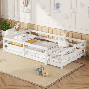 English Elm Twin Montessori Pine Floor Bed with Full Fence Rails for Kids Cozy Bedroom W1820P398987