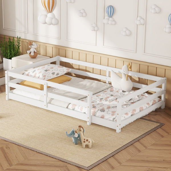 English Elm Twin Montessori Pine Floor Bed with Full Fence Rails for Kids Cozy Bedroom W1820P398987