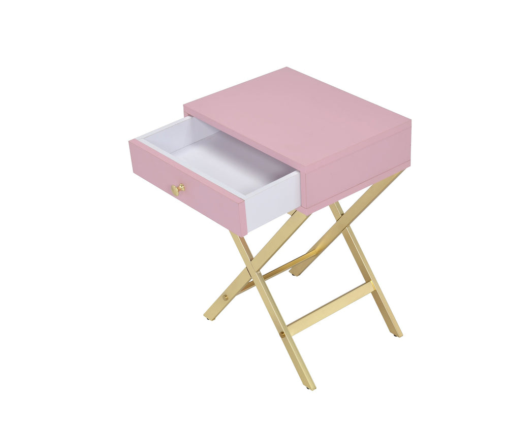 English Elm Coleen Pink & Gold Finish Accent Table with Drawer, Modern Metal X-Base, Durable Compact Side Table B2726P270993