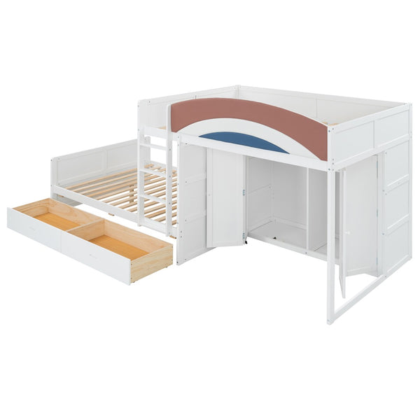English Elm Full Size Offset Bunk Bed with Wardrobe Hanging Rod Drawers and Upholstered Rail White N820S00081K