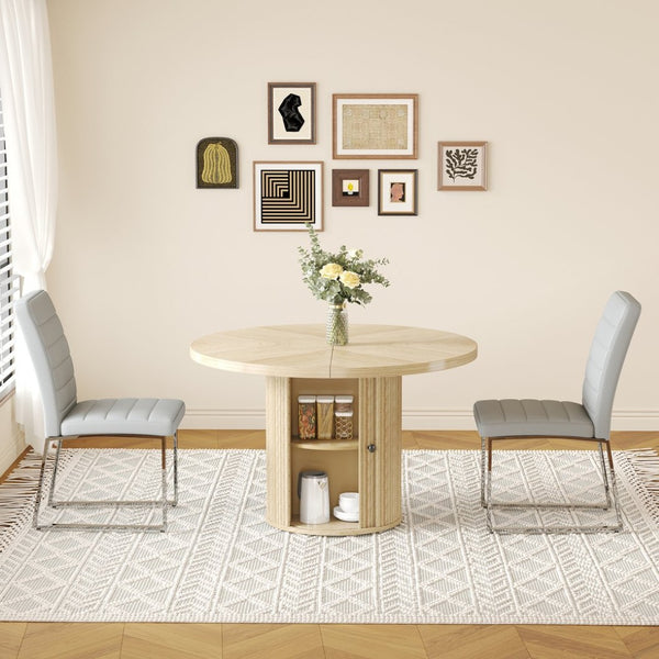 English Elm 2piece Round Pedestal Dining Set with Fluted Column Base Pu Chairs Storage Shelf W2920S00075