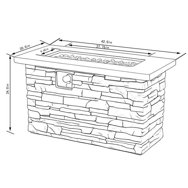 English Elm 42" Propane Fire Pit Table 50,000 BTU Rectangular MgO Top Hidden Tank Cover Glass Beads, ETL Reviewed W853P293858