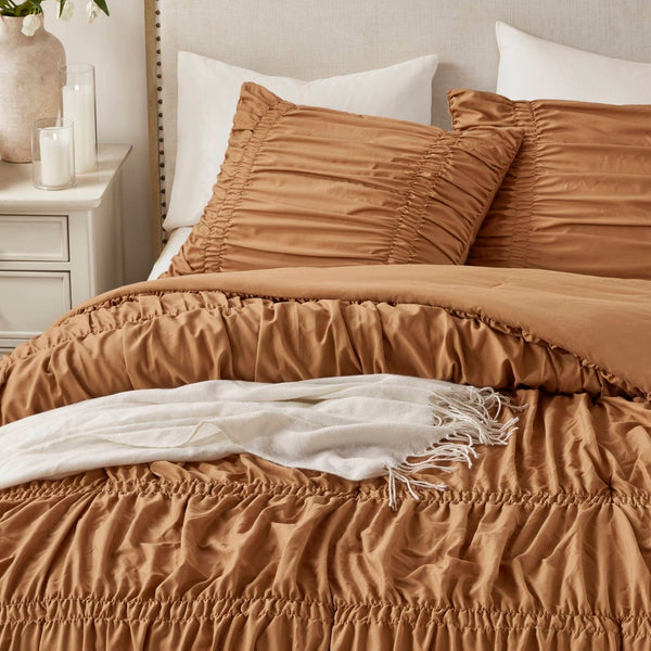 English Elm 2pcs Shabby Chic Ruched Comforter Set Bow Trim Brushed Polyester Fill Romantic Bedroom Brown B035P341088