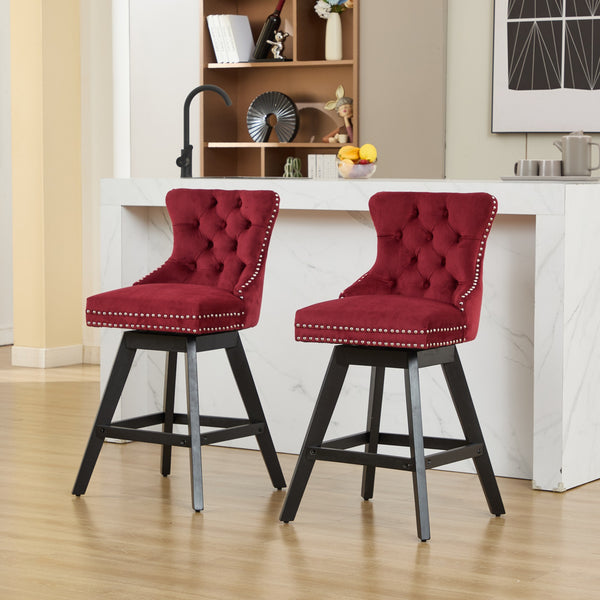 English Elm Swivel Velvet Barstools with Tufted Back Support, 360° Rotation, Foam & Spring Cushion, Sturdy Wooden Frame WINE RED W1143P369088