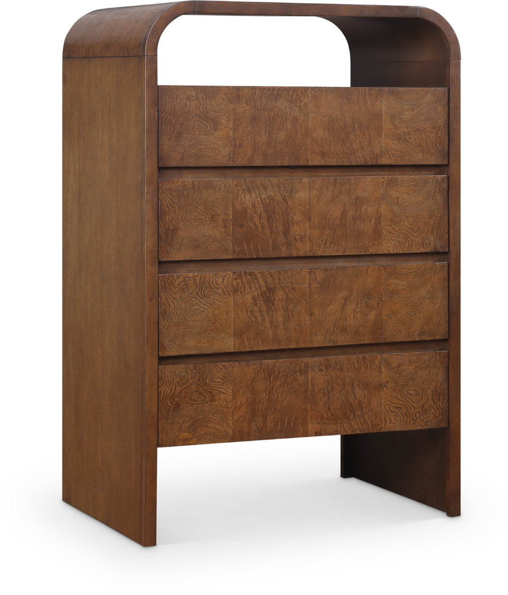 Meridian Furniture Giada Art Deco Burl Veneer Tall Chest with Arched Edges for Elegant Bedroom Corner Storage Brown 843Brown-CH