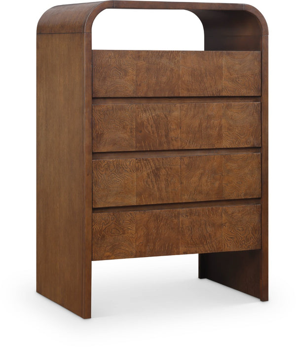 Meridian Furniture Giada Art Deco Burl Veneer Tall Chest with Arched Edges for Elegant Bedroom Corner Storage Brown 843Brown-CH