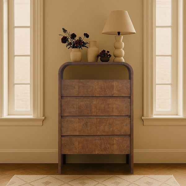 Meridian Furniture Giada Art Deco Burl Veneer Tall Chest with Arched Edges for Elegant Bedroom Corner Storage Brown 843Brown-CH