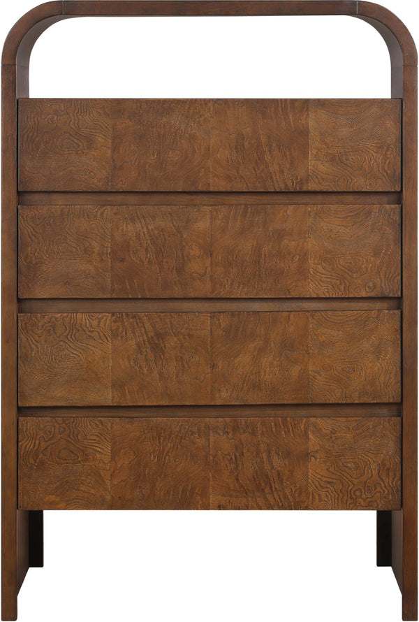 Meridian Furniture Giada Art Deco Burl Veneer Tall Chest with Arched Edges for Elegant Bedroom Corner Storage Brown 843Brown-CH