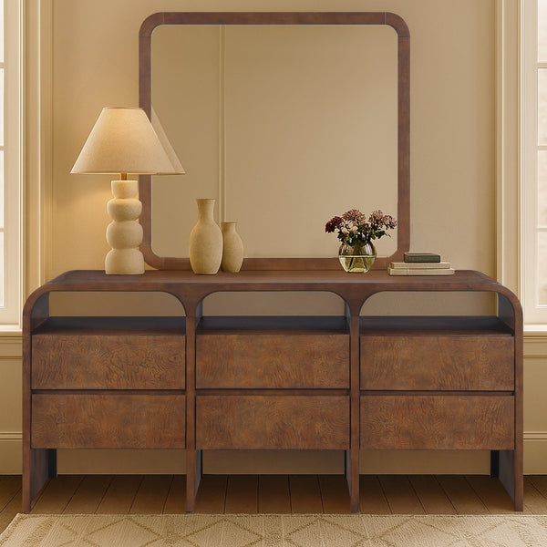 Meridian Furniture Giada Arched Burl Wood Veneer Wall Mirror with Art Deco Grain Silhouette for Living Room Decor Brown 843Brown-M