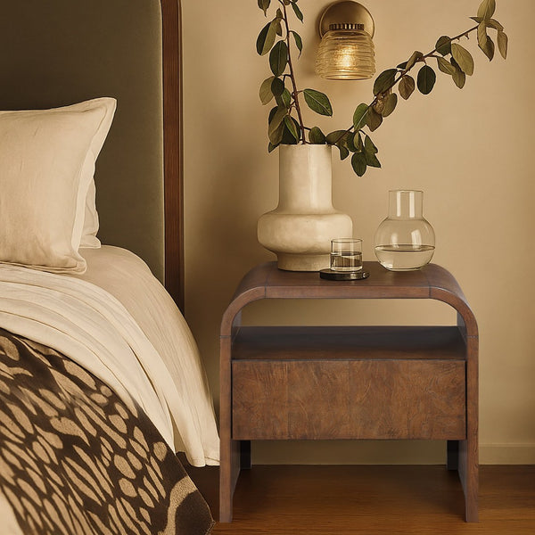 Meridian Furniture Giada Art Deco Burl Veneer Nightstand with Arched Geometric Sculptural Bedroom Design Brown 843Brown-NS