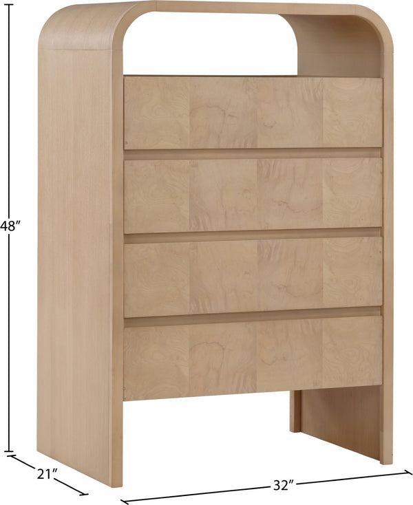Meridian Furniture Giada Art Deco Burl Veneer Tall Chest with Arched Edges for Elegant Bedroom Corner Storage Natural 843Natural-CH