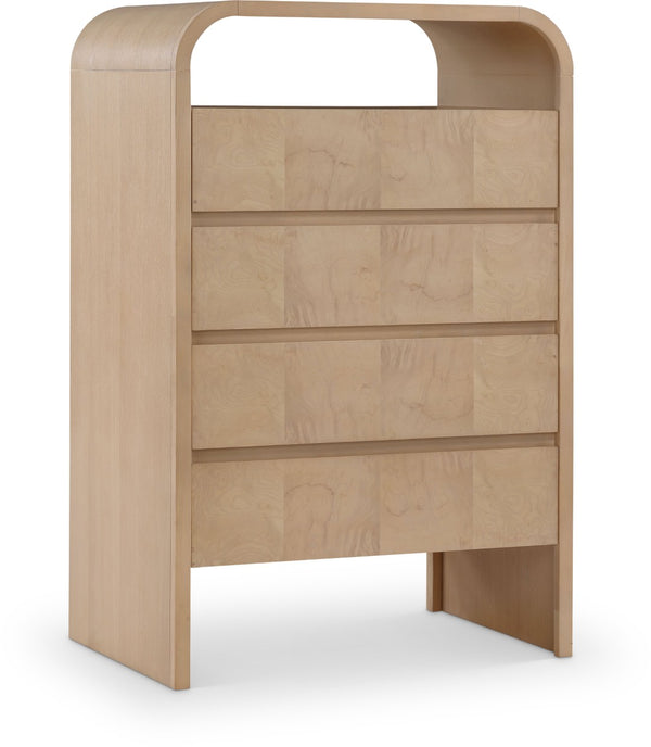 Meridian Furniture Giada Art Deco Burl Veneer Tall Chest with Arched Edges for Elegant Bedroom Corner Storage Natural 843Natural-CH