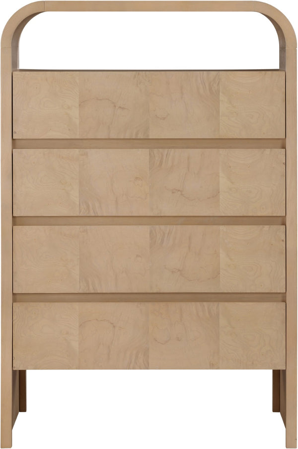 Meridian Furniture Giada Art Deco Burl Veneer Tall Chest with Arched Edges for Elegant Bedroom Corner Storage Natural 843Natural-CH