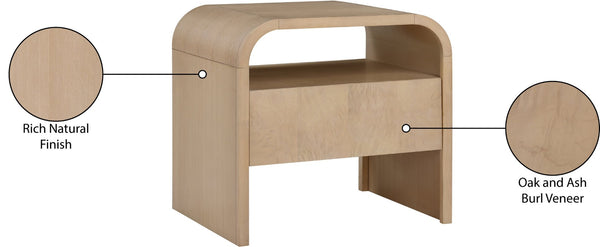 Meridian Furniture Giada Art Deco Burl Veneer Nightstand with Arched Geometric Sculptural Bedroom Design Natural 843Natural-NS