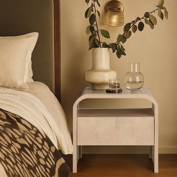 Meridian Furniture Giada Art Deco Burl Veneer Nightstand with Arched Geometric Sculptural Bedroom Design Natural 843Natural-NS