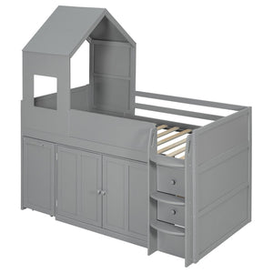 English Elm Twin House Loft Bed with Pull Out Rolling Desk Stair Drawers and Cabinet Storage Gray N820S00072E
