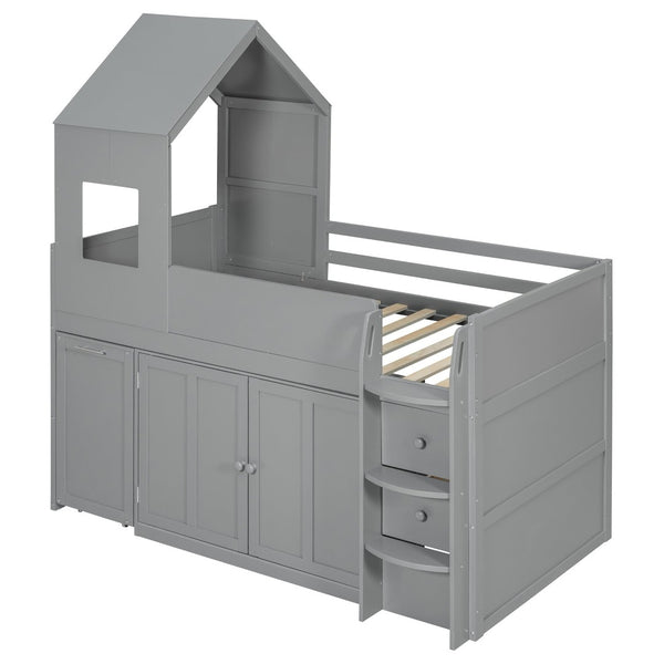 English Elm Twin House Loft Bed with Pull Out Rolling Desk Stair Drawers and Cabinet Storage Gray N820S00072E