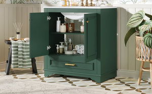 English Elm 30" Elegant Bathroom Vanity with Ceramic Sink, French-Inspired Compact Cabinet with Drawer & Shelf Green N710P317676F