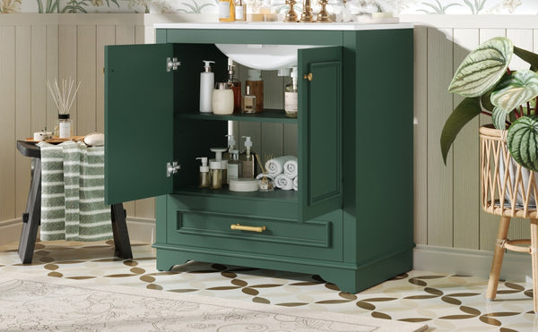 English Elm 30" Elegant Bathroom Vanity with Ceramic Sink, French-Inspired Compact Cabinet with Drawer & Shelf Green N710P317676F