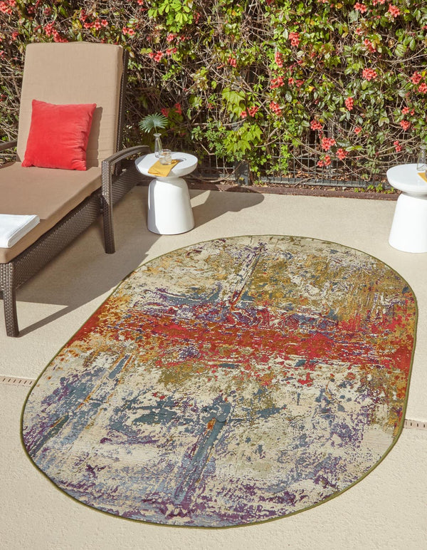 Unique Loom Outdoor Modern Crumpled Machine Made Abstract Rug Multi, Gold/Green/Navy Blue/Orange/Red/Beige/Blue/Brown/Cream 5' 0" x 8' 0"