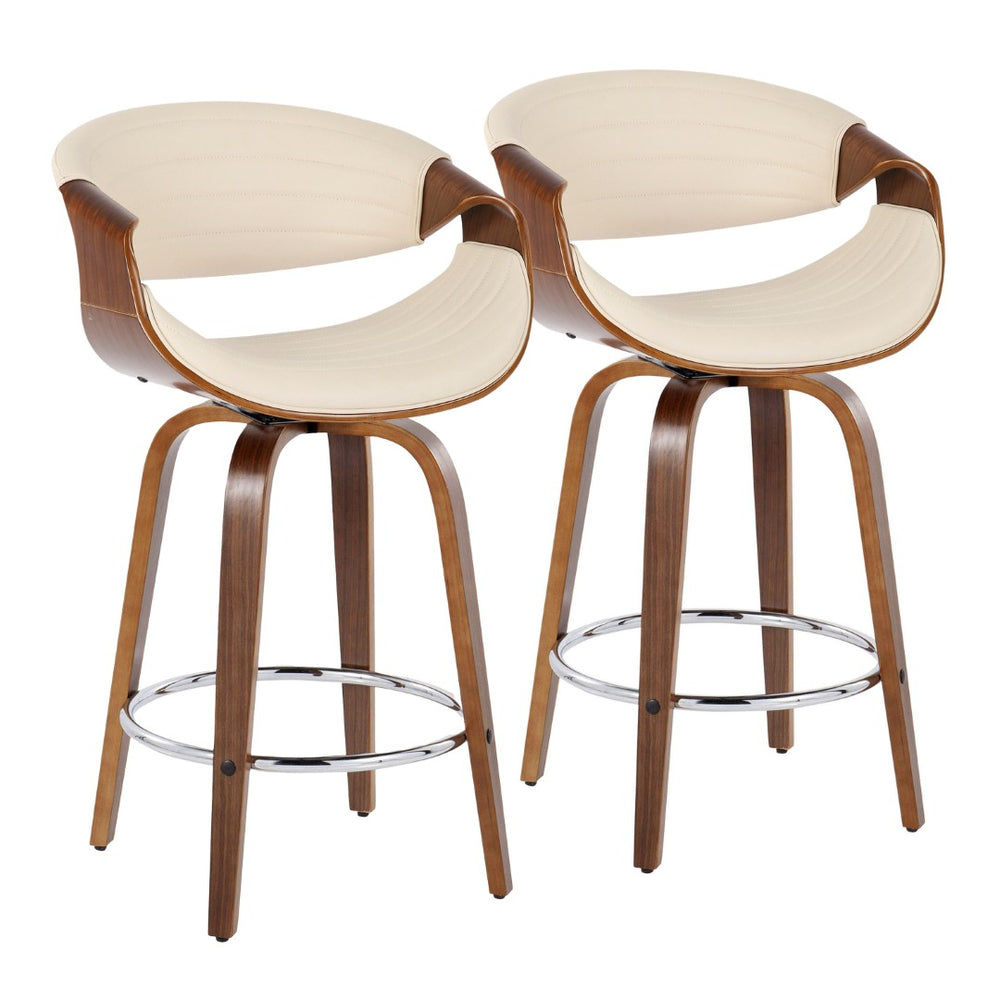 English Elm 26" Swivel Counterstools with Tufted Faux Leather Walnut Legs and Chrome Footrest Set of 2 B202S00377