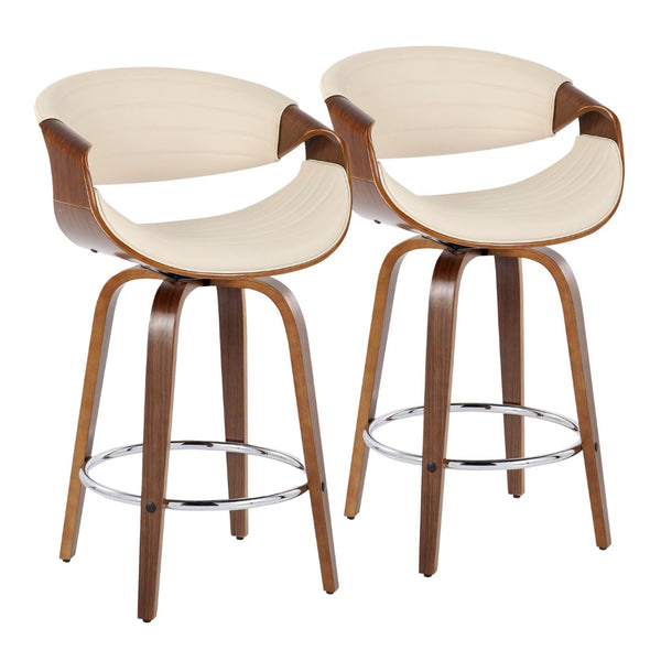 English Elm 26" Swivel Counterstools with Tufted Faux Leather Walnut Legs and Chrome Footrest Set of 2 B202S00377
